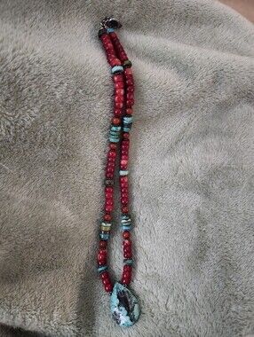 Red and Turquoise Beaded Pendant Necklace